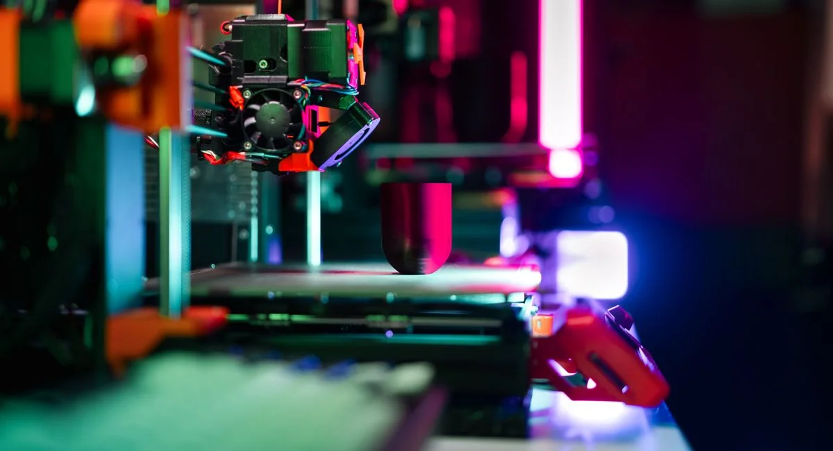 Close-up of a modern 3D printer in a workshop, highlighted by neon lighting.