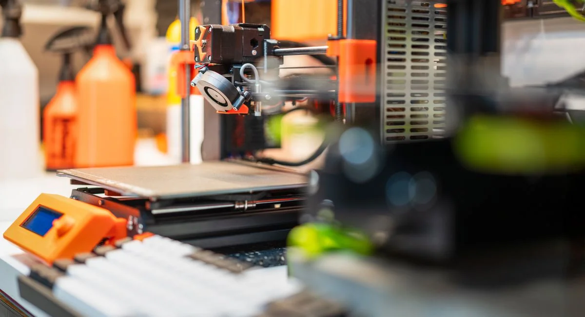 Detailed view of a 3D printer in a busy workshop, showcasing modern 3D printing technology and equipment.