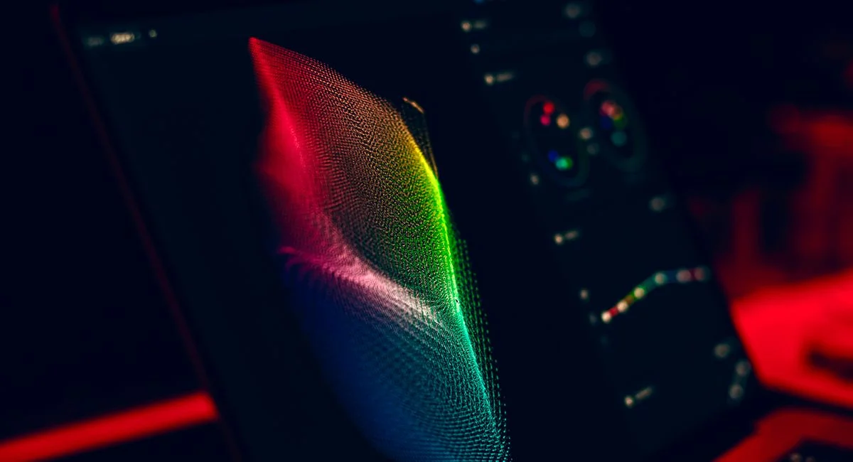 Close-up of vibrant digital art in red, green, and blue displayed on a monitor screen.